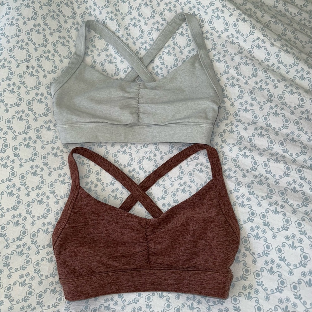 Vuori Elevation Cross-Back Sports Bras - pale grey and hazelnut